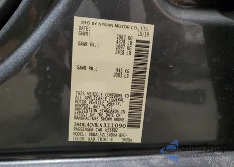 2020 Nissan Altima Sr from USA, damaged, VIN 1N4BL4CV8LN311090
